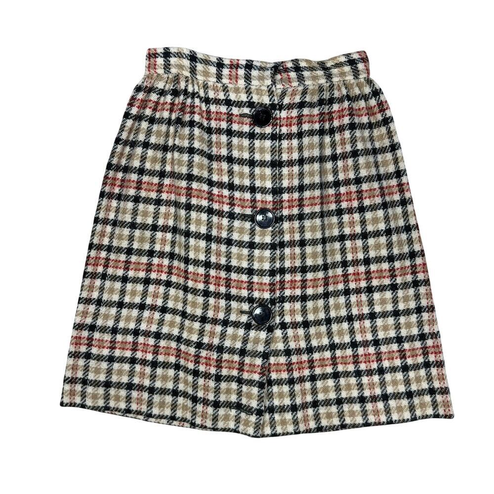 Mr. Mort Vintage 60s Wool Plaid A-line Button Front Skirt Cream Tan Red Black XS